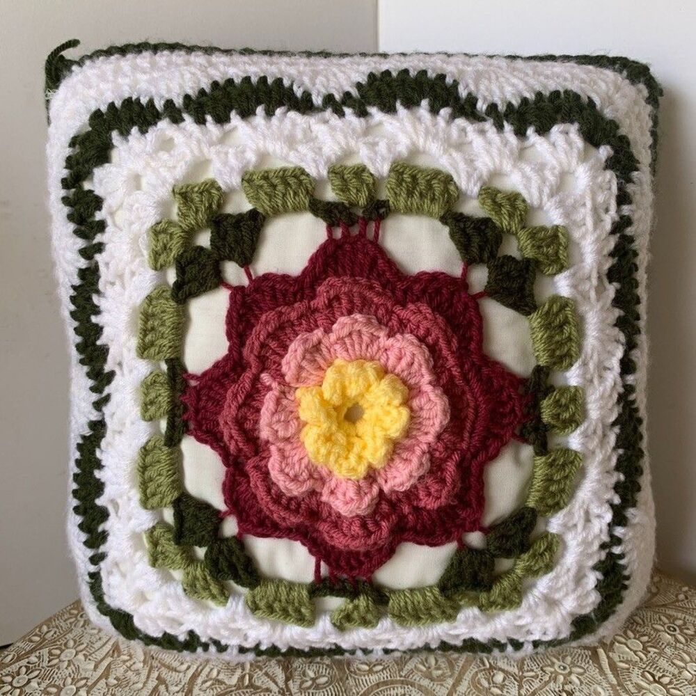 Crocheted Accent Throw Pillow Pink & Green Handmade Granny Core Farmhouse Decor